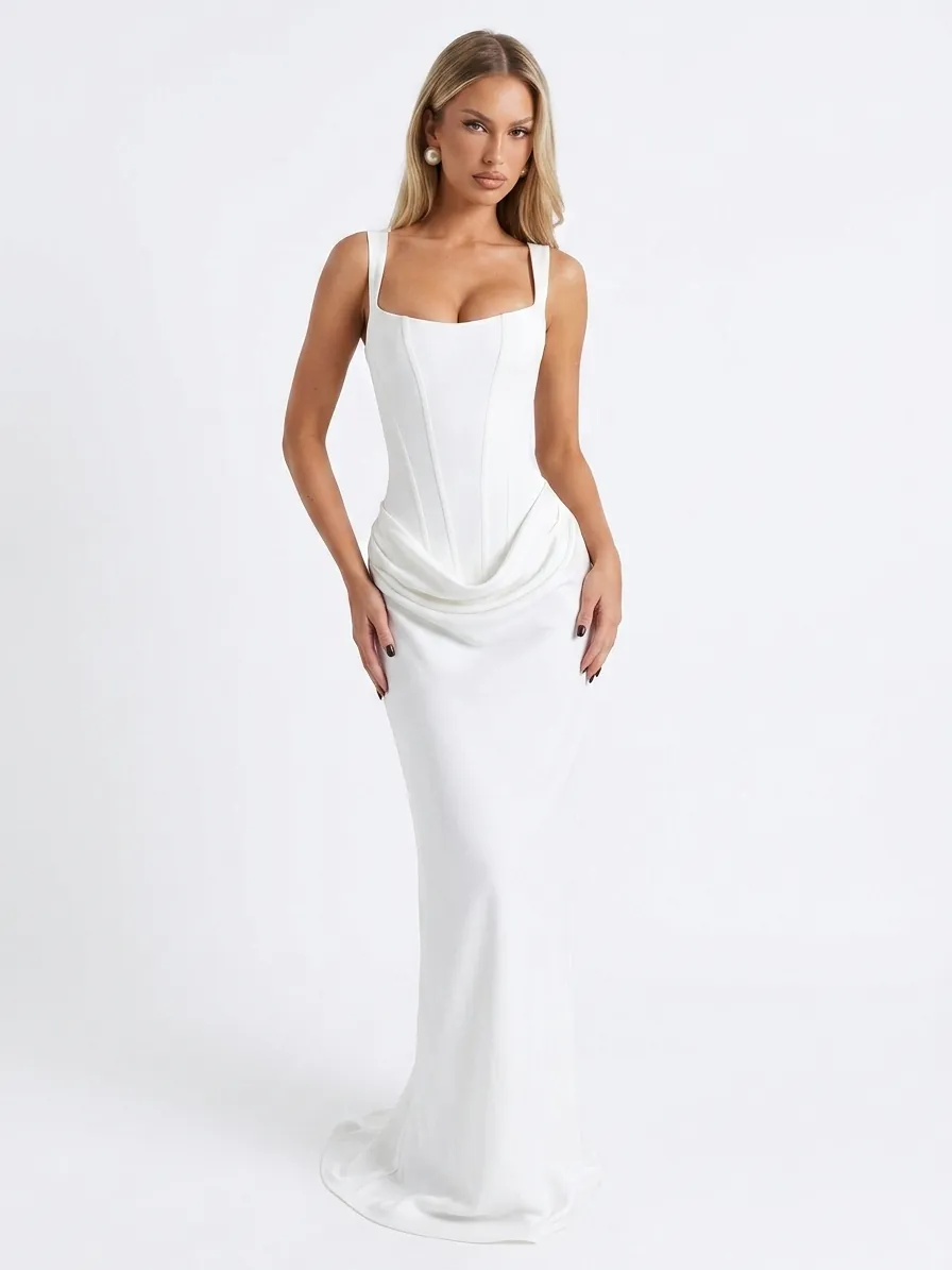 Robe Longue Moulante à Corset Plissé pour Femmes Col Carré Sans Manches en Satin Longueur Sol Élégante Robe de Soirée Banquet