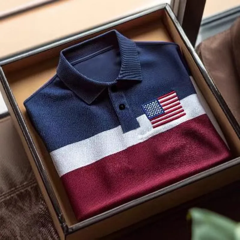 Polo Décontracté à Manches Courtes pour Hommes Bloc de Couleur Coton Piqué Respirant Avec Écusson Brodé Drapeau Américain