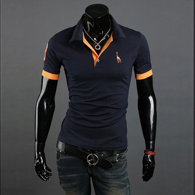 Polo Homme Coupe Ajustée Manches Courtes Mélange Coton Col Contrasté Brodé Girafe Haut Décontracté