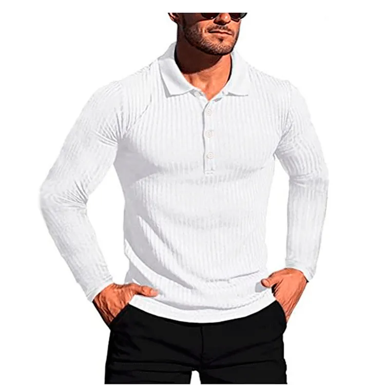 Polo da Uomo a Manica Lunga Casual Lavorata a Costine Slim Fit con Tre Bottoni Tinta Unita per Business Ufficio ai-Misto Cotone