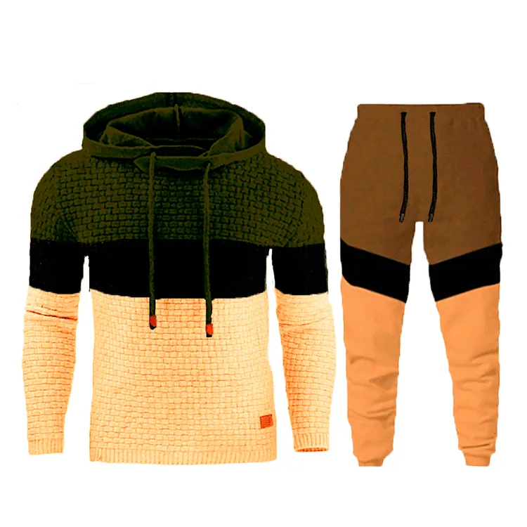 Men's Waffle Knit Tracksuit Patchwork Hooded Sweatshirt And Joggers Pants Casual Sporty Sweatsuit For Men
