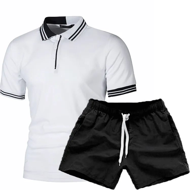 Men's Summer Casual Sporty Outfit Striped Short Sleeve Polo Shirt And Drawstring Shorts Breathable Cotton Blend Men's Clothing