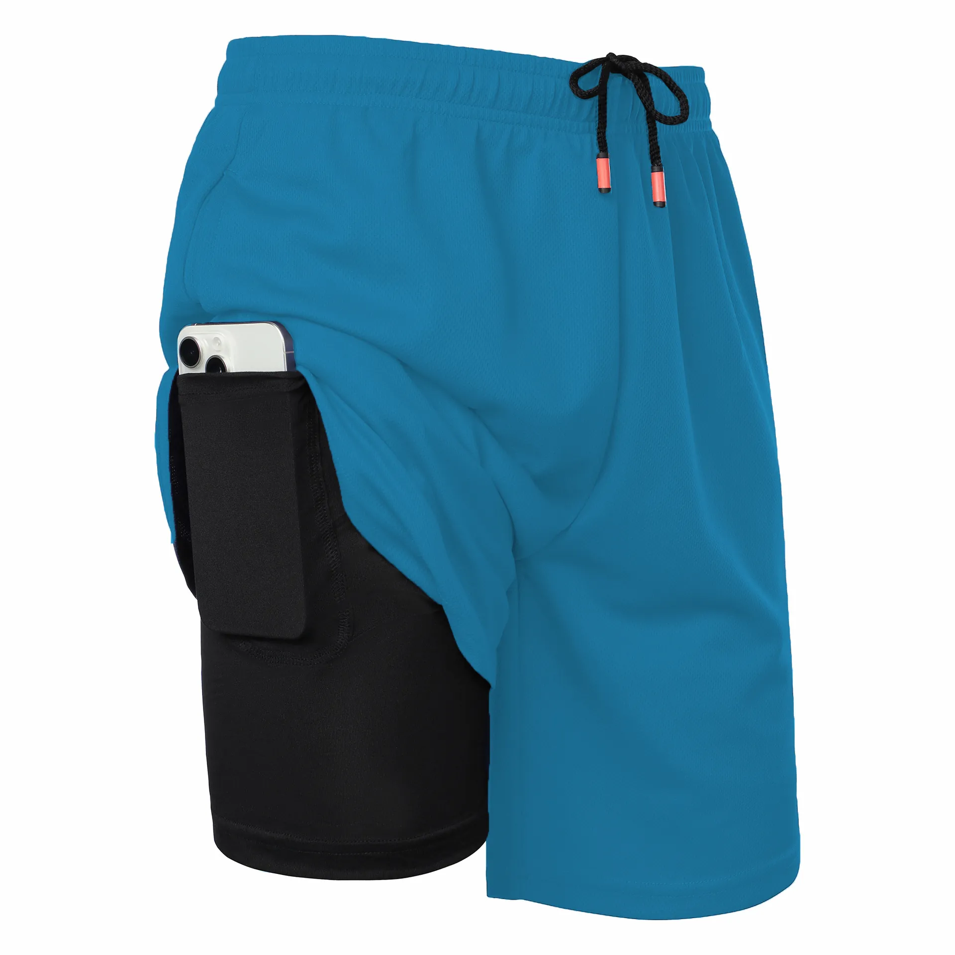 Men Layered Sports Shorts With Phone Pocket Mesh Breathable Gym Training Shorts Drawstring Elastic Waist Quick Dry Sports Bottoms