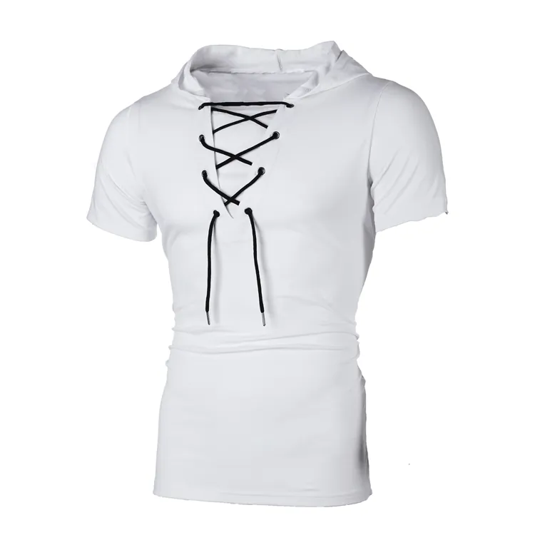 Men's Hooded Short Sleeve T-Shirt Casual Slim Fit Lace Up V-Neck Cotton Blend Solid Color Hoodies Top Streetwear