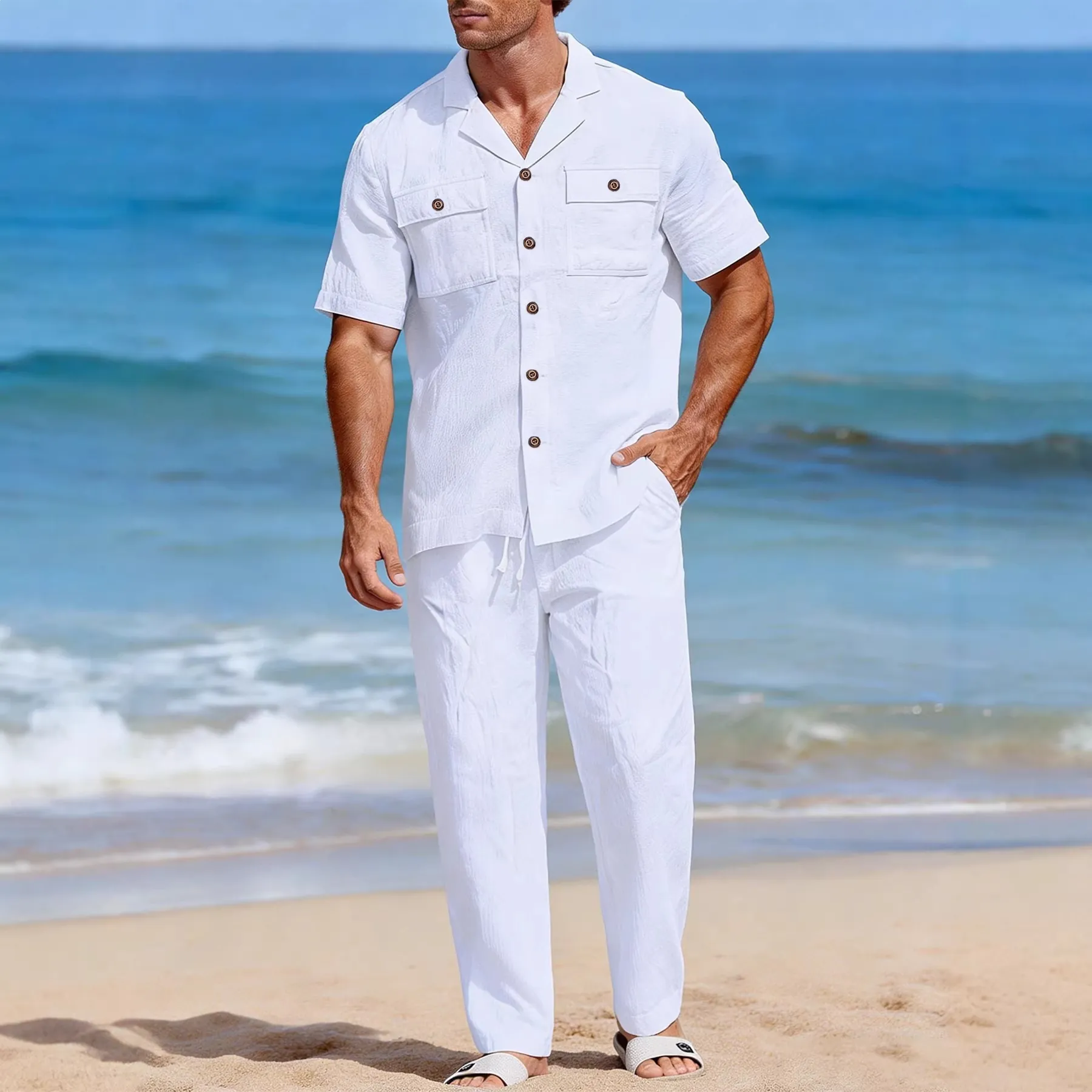 Ensemble Décontracté en Lin pour Hommes Chemise Manches Courtes et Pantalon Long Haut à Boutons et Pantalon à Cordon