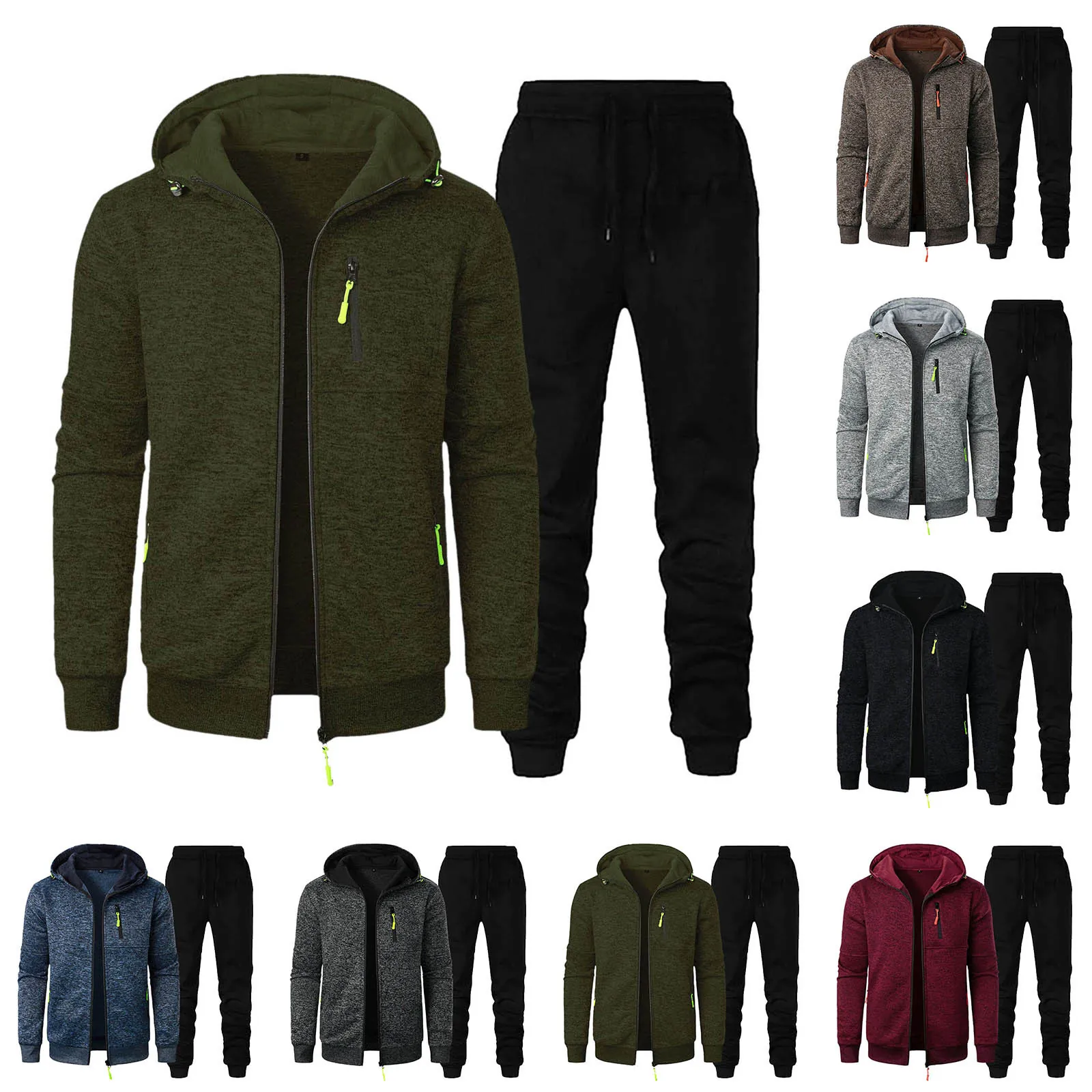 Men Hooded Tracksuit Jacket And Pants Casual Sporty Fleece Lined Heather Hoodie Sweatpants With Neon Zipper Details