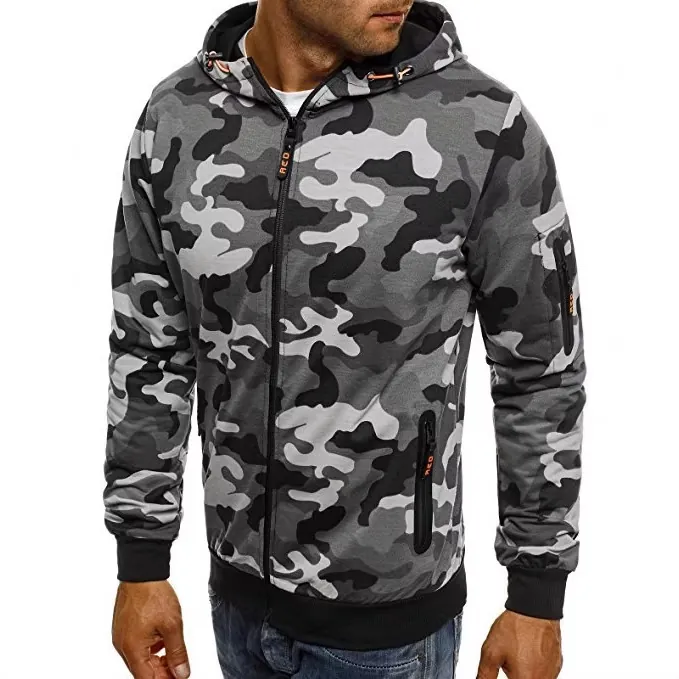 Men's Casual Camouflage Full Zip Hoodie Jacket Cotton Blend Long Sleeve Hooded Sweatshirt With Multi Zipper Pockets Outerwear