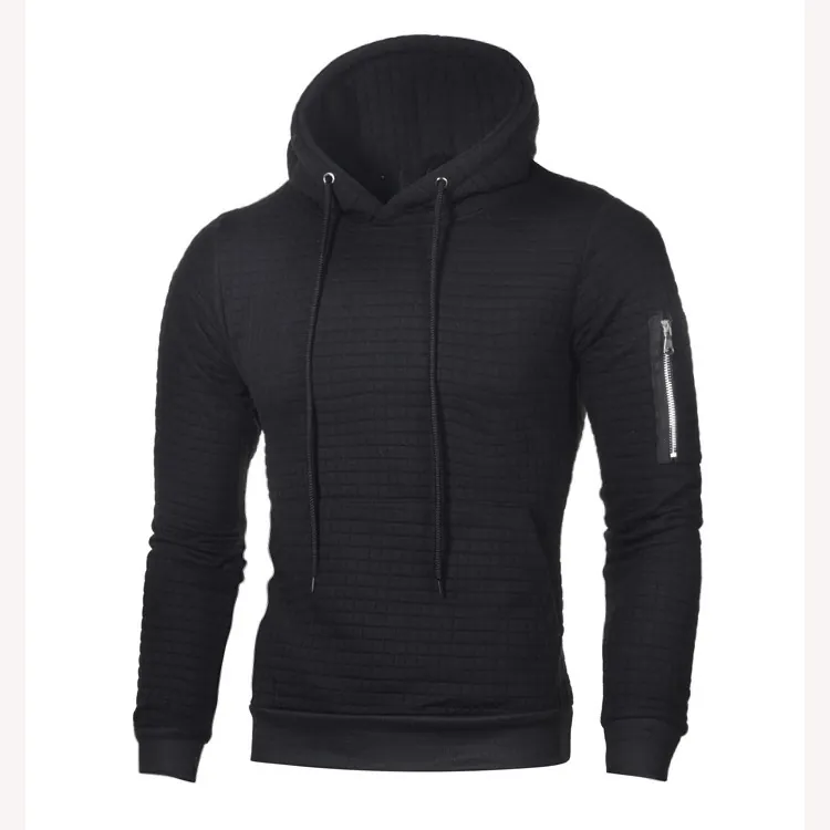 Heren Casual Gewatteerde Hoodie Wafeltextuur Slim Fit Sweatshirt Capuchon Lange Mouw Pullover Mouw Ritszak Top