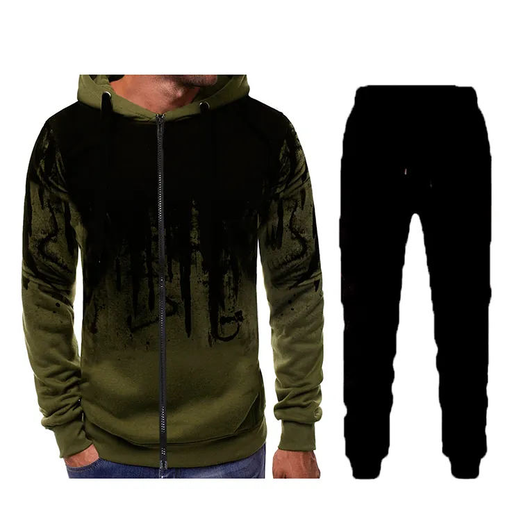 Men's Casual Tracksuit Ink Splash Gradient Print Hooded Zipper Sweatshirt And Jogger Pants Sporty Streetwear Outfit