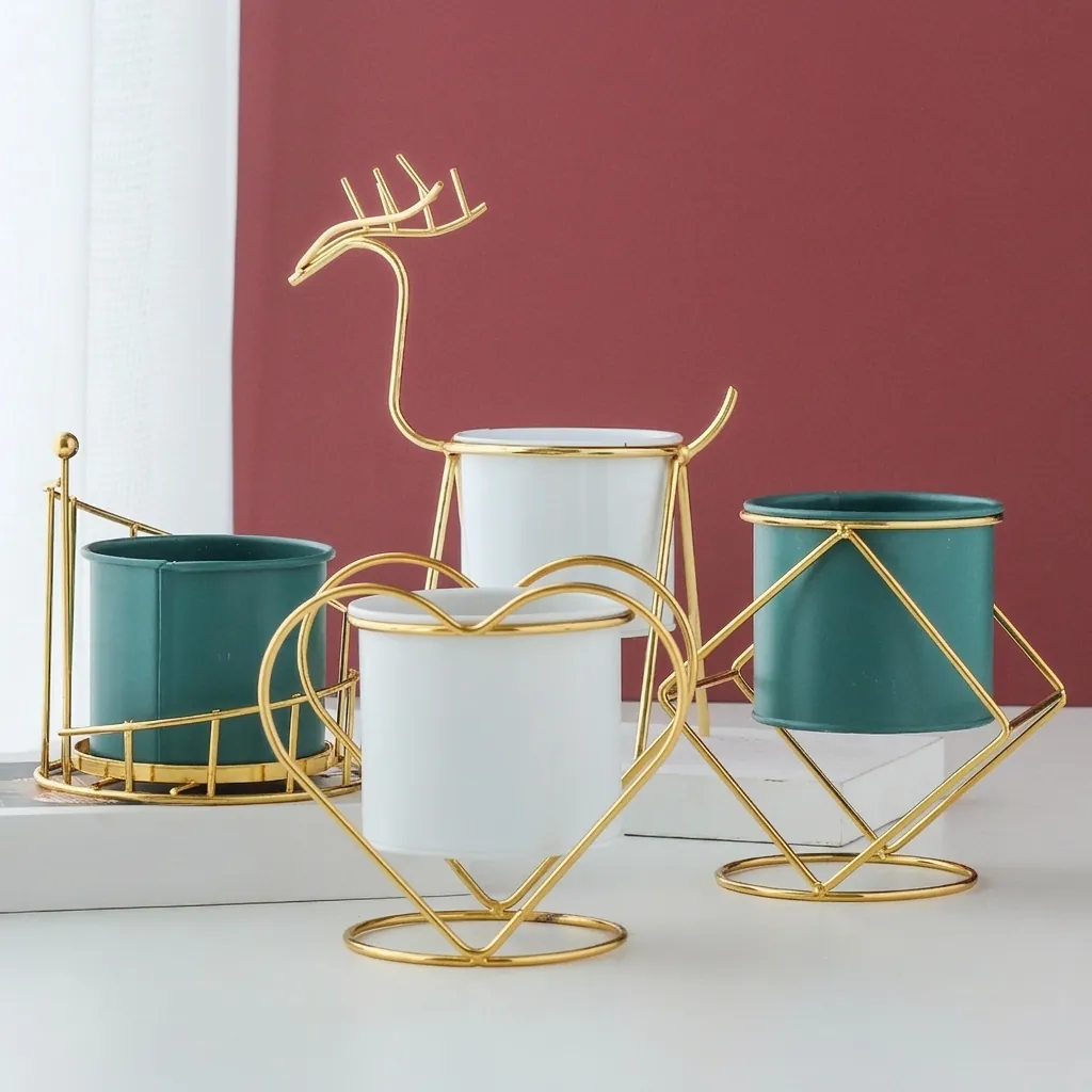 Nordic Minimalist Gilded Iron Reindeer Flower Pot Ceramic Hydroponic Vase Geometric Plant Stand Desktop Decor Home Office Gift