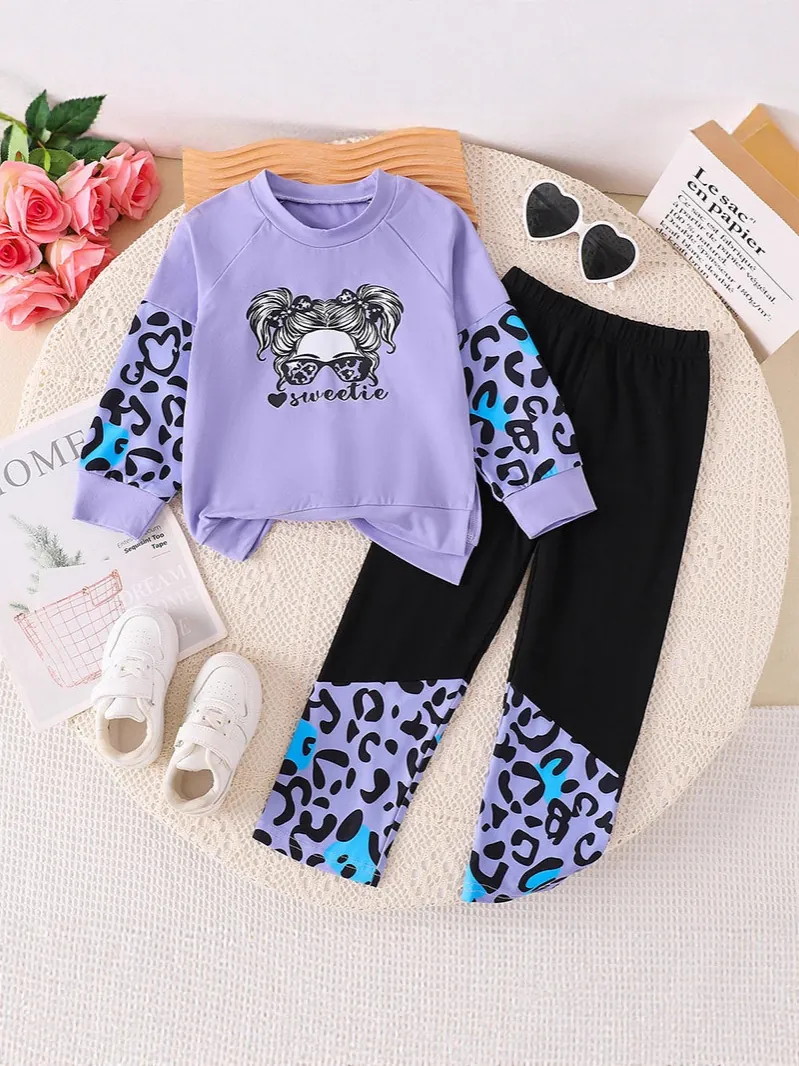 Girls Autumn Fashion Two Piece Set Purple Leopard Print Pullover Sweatshirt And Pants Kids Casual Clothing Polyester Blend Outfit