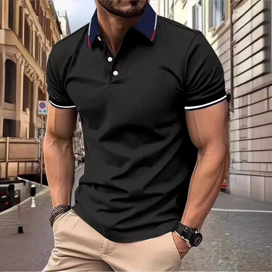 Polo Homme Coupe Slim Manches Courtes Mélange de Coton Col et Poignets à Rayures Contrastées Business Décontracté Sport