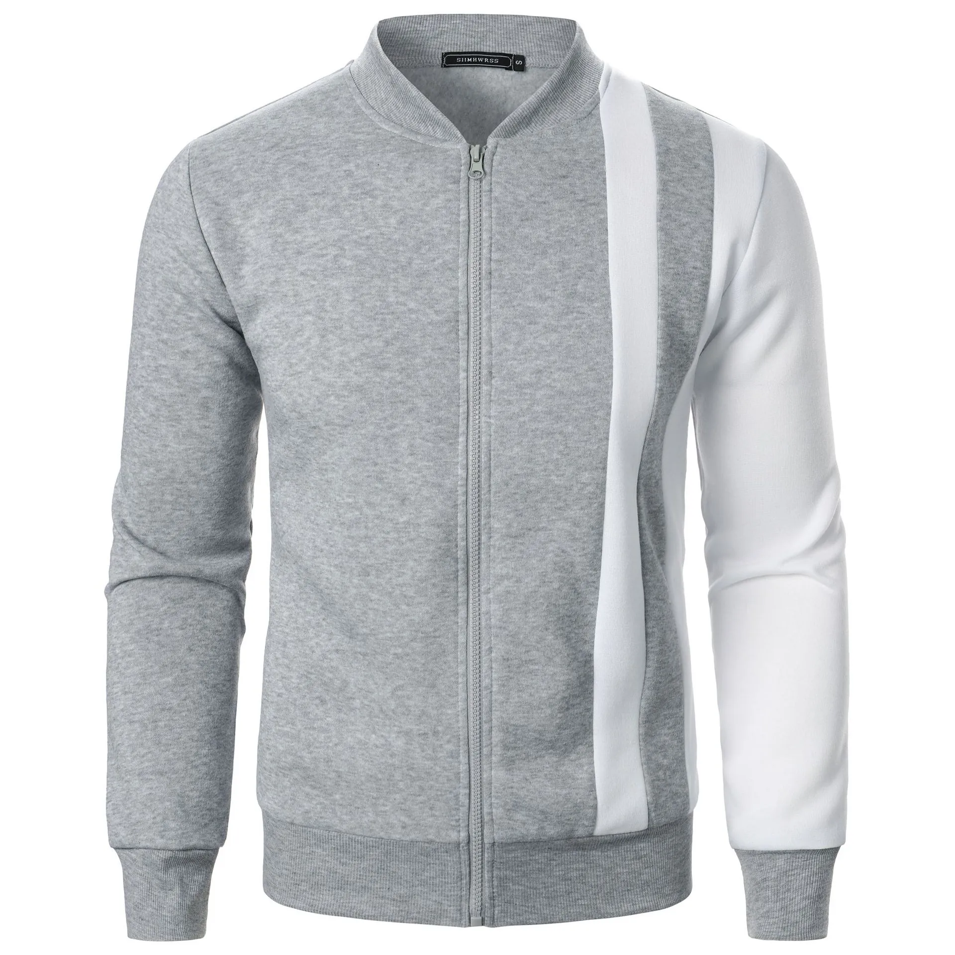 Men Casual Stand Collar Zip Sweatshirt Stylish Contrast Color Block Long Sleeve Jacket Slim Fit Polyester Leisure Sport Top
