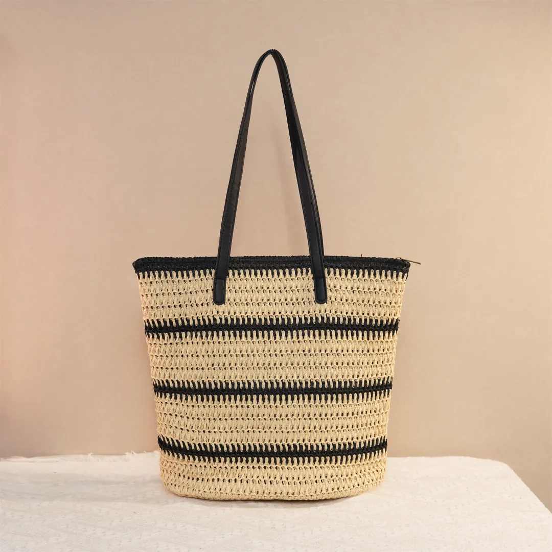 Striped Woven Paper Rope Tote Bag Large Capacity Summer Beach Shoulder Bag Women Zipper Closure Vintage Straw Style