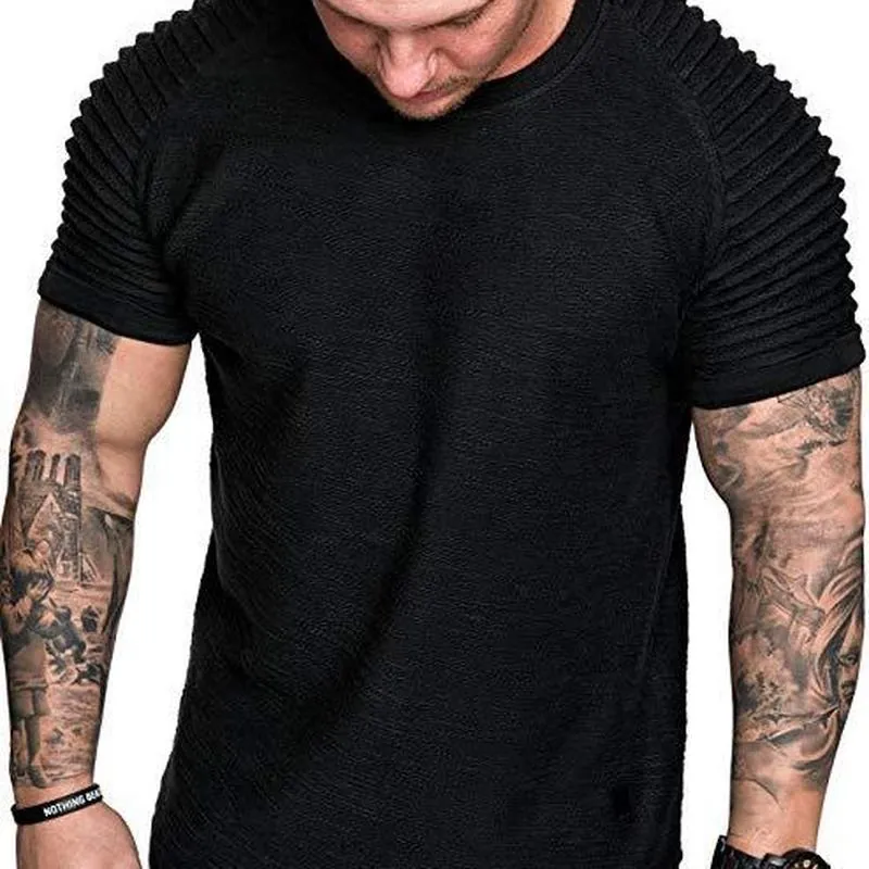 Men Slim Fit Short Sleeve T-Shirt Athletic Round Neck Ribbed Shoulder Top Mock Layered Curved Hem Textured Polyester Tee