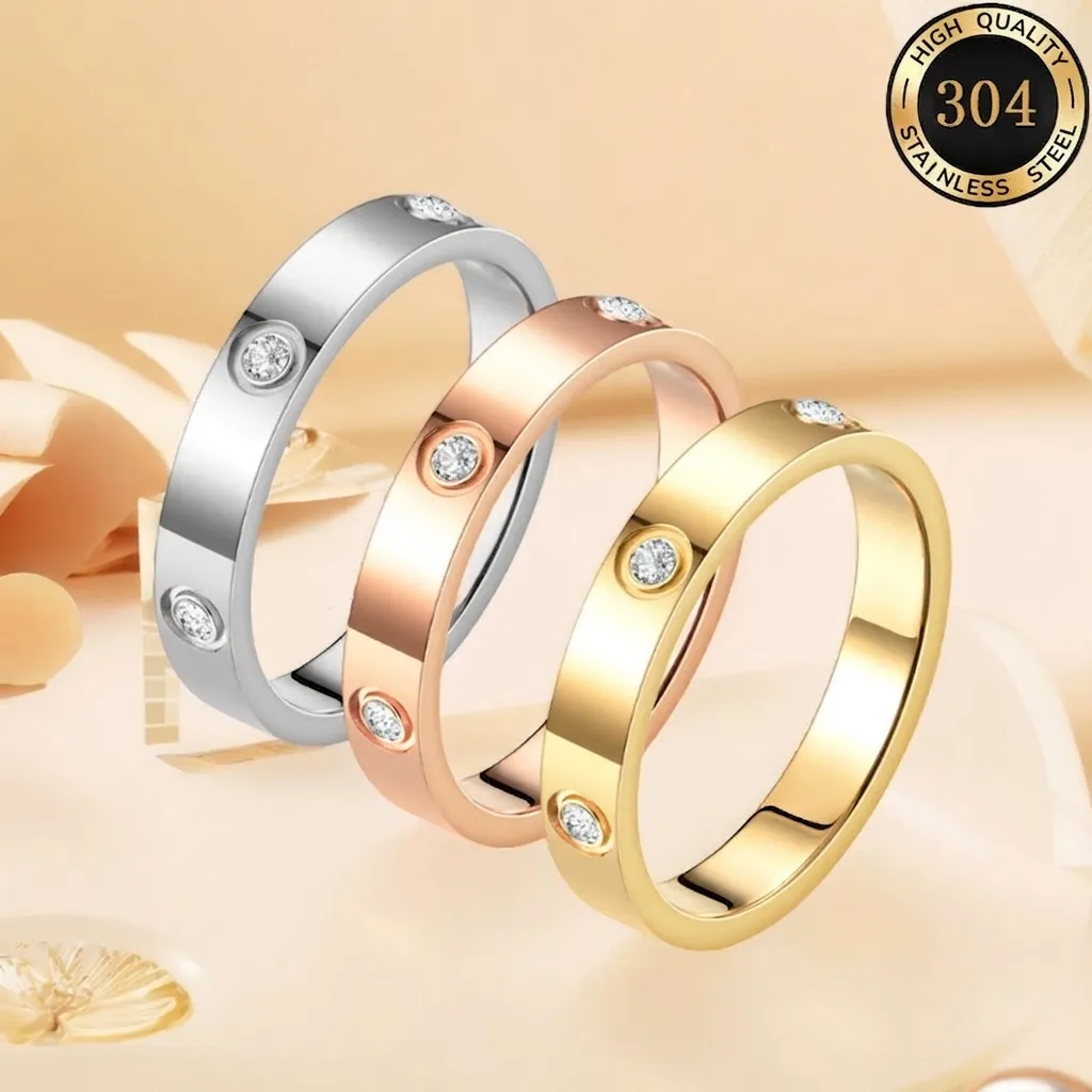Stainless Steel Ring With Zircon Inlaid Heart And Screw Design Polished Fashion Band Jewelry For Women And Men