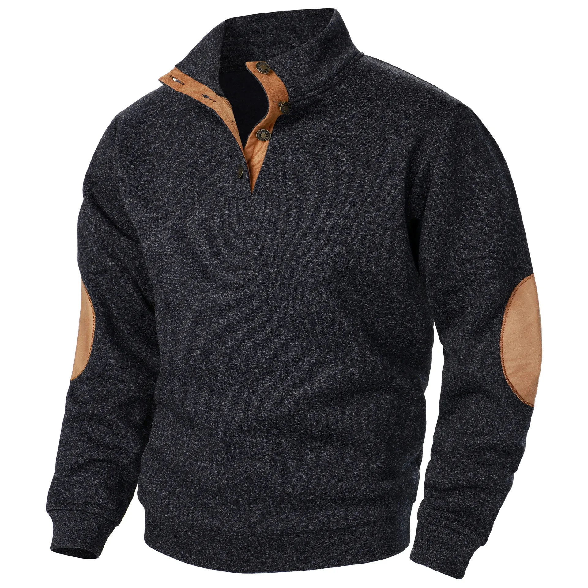 Men's Casual Stand Collar Knit Sweatshirt Jacket With Vintage Elbow Patches Jacquard Long Sleeve Button Up Cardigan Fashion