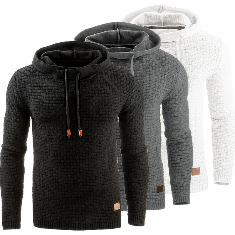 Men's Waffle Jacquard Knit Hoodie Casual Long Sleeve Slim Fit Pullover Sweatshirt With Leather Patch Autumn Winter Warm Top