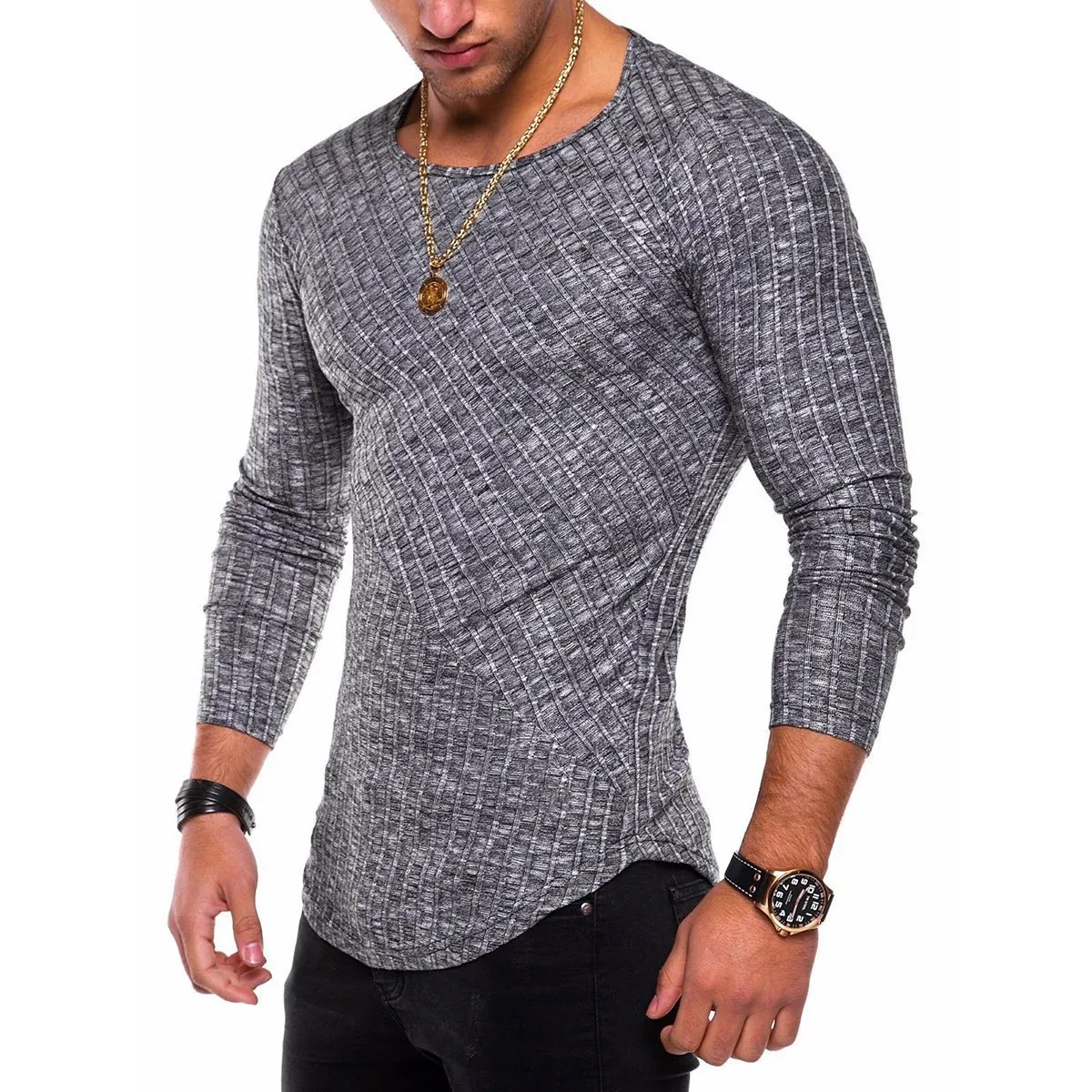 Men's Slim Fit Long Sleeve T-Shirt Ribbed Knit Curved Hem Cotton Blend Casual Fashion Splice Design Autumn Top