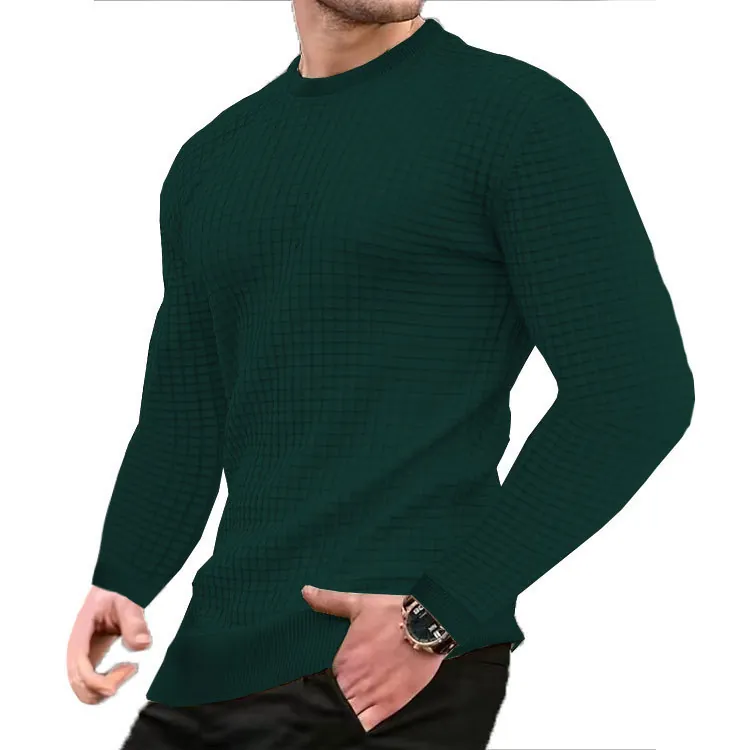 Sweatshirt en Maille Gaufrée pour Hommes Coupe Ajustée Motif Jacquard Pullover Décontracté Manches Longues Col Rond Texturé Top