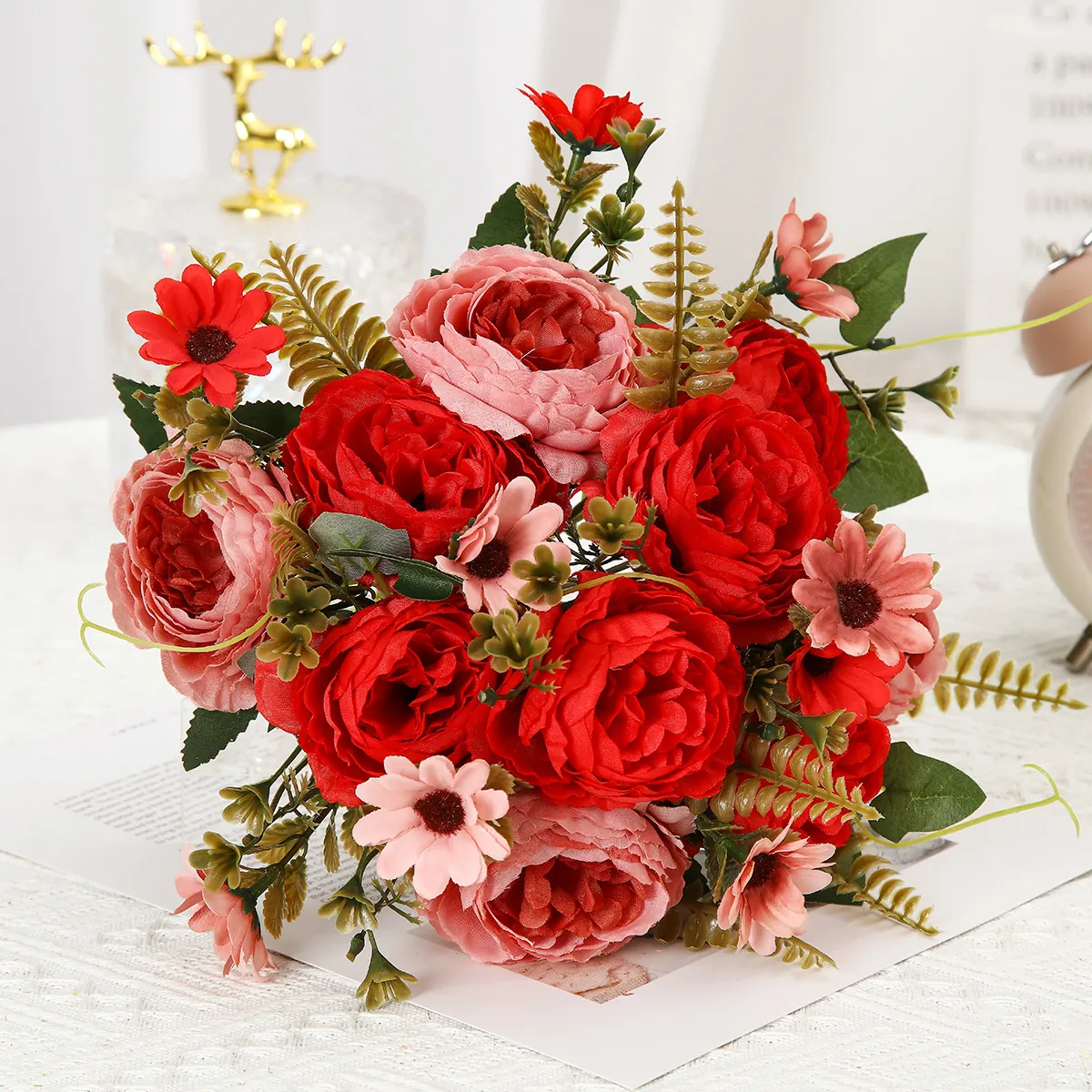 Realistic Artificial Peony Flower Bouquet Silk Peonies Daisies For Home Wedding Decor Faux Floral Arrangement Centerpiece