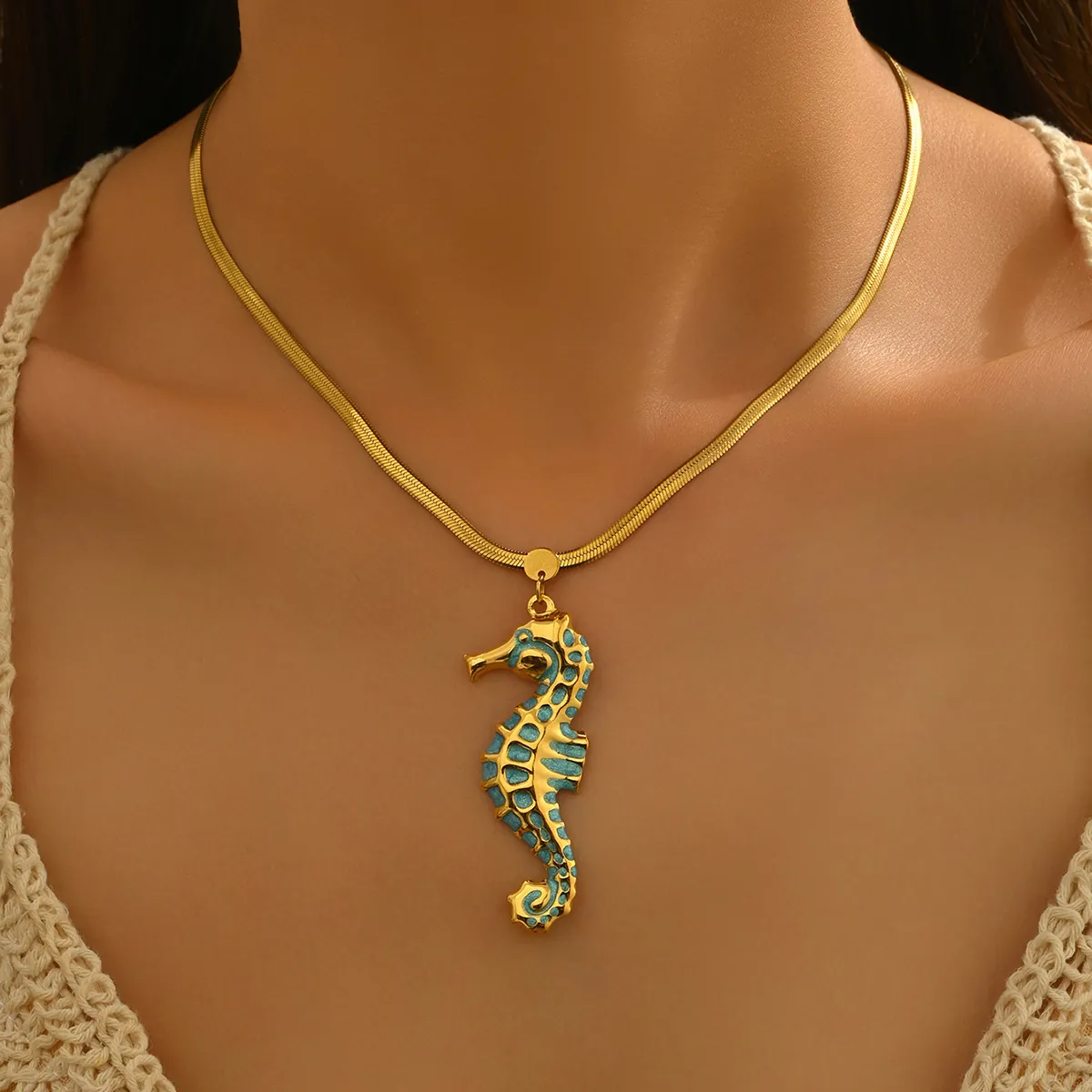 Ocean Summer Marine Seahorse Turtle Starfish Pendant Necklace Stainless Steel Gold Plated Enamel Clavicle Chain Jewelry For Women