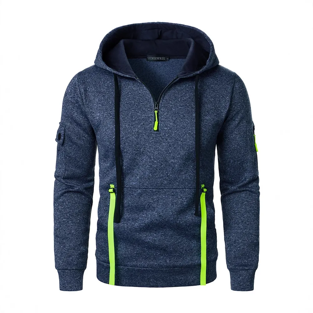 Felpa con Cappuccio Uomo con Mezza Zip Multitasca Casual Melange Pullover Abbigliamento Sportivo Outdoor Top