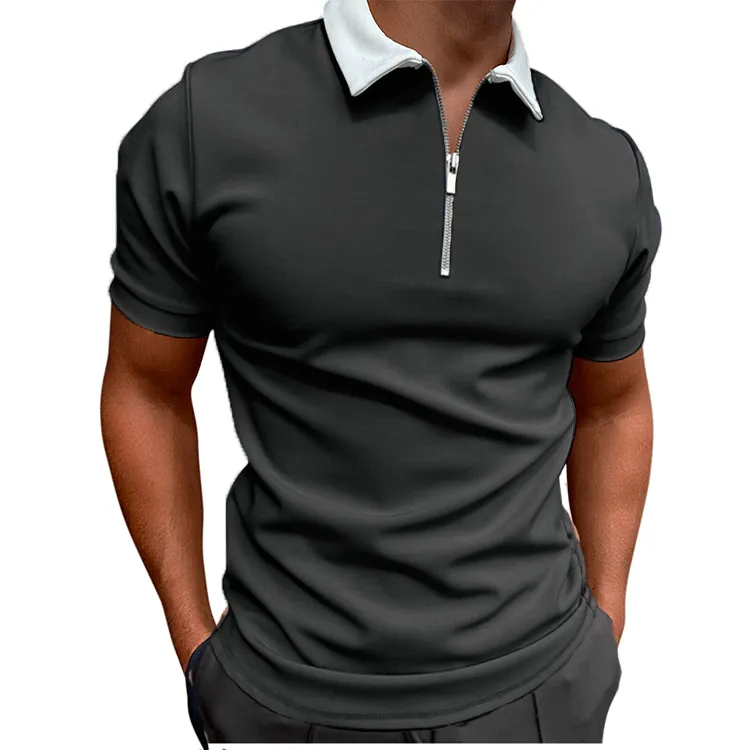 Men's Casual Zipper Polo Shirt Contrast Color Turndown Collar Slim Fit Short Sleeve Top Breathable Cotton Blend Summer Fashion Men Clothing