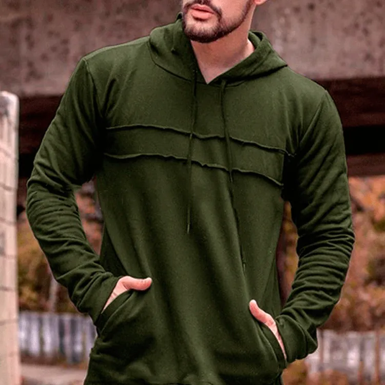 Herren Casual Langarm Baumwollmischung Kapuzenpullover Mit Kordelzug Kängurutasche Raw-Edge-Ziernähte Einfarbig Sweatshirt Top