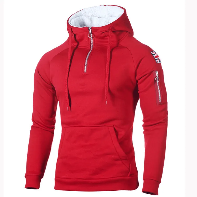 Sweat à Capuche Décontracté Doublé en Polaire pour Hommes Avec Écusson Union Jack Poche sur Manche Col Zippé Sweat Chaud avec Poche Kangourou