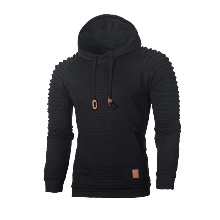 Men Fashion Casual Hooded Sweatshirt Waffle Quilted Texture Long Sleeve Hoodie With Shoulder Ribbing Pleats Kangaroo Pocket Slim Fit Pullover Top