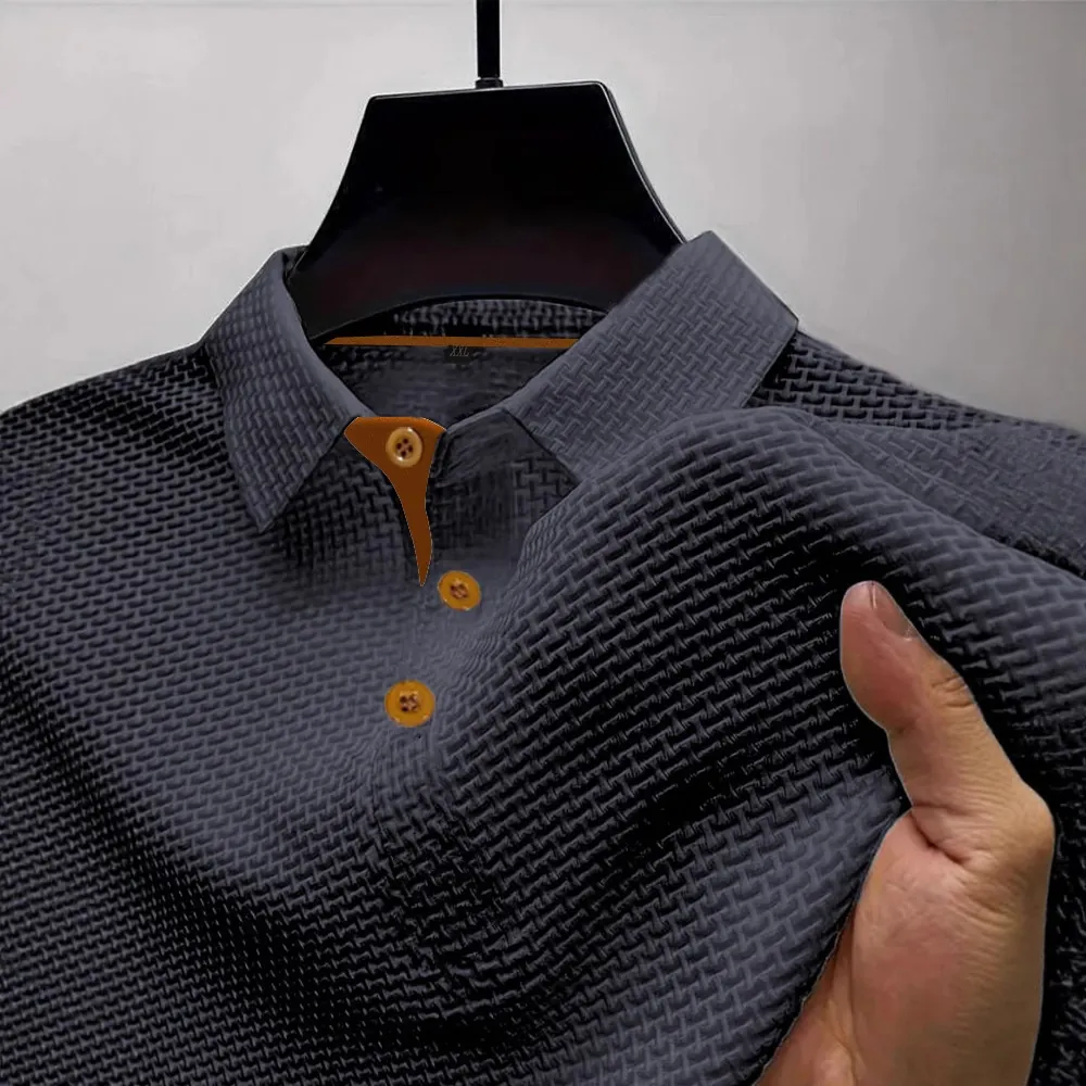 Men's Casual Waffle Knit Polo Shirt Short Sleeve Contrast Color Trim 3D Texture Business Casual Top For Men