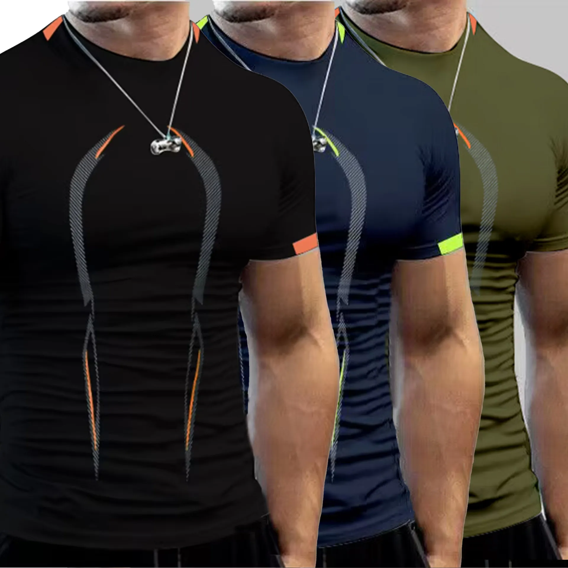 Herren Schnelltrocknend Sportlich Kompression T-Shirt Kurzarm Fitness Workout Oberteil Mit Kontrastpaspeln Atmungsaktive Sportbekleidung