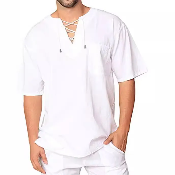 Men Retro Cotton Linen Shirt Casual Short Sleeve V-Neck Lace-up Top Loose Breathable Summer Vacation Shirt with Pocket