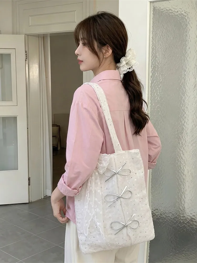 Women Sequin Tote Bag Large Capacity Chiffon Canvas Shoulder Bag With Silver Bowknot Lace Decor Sweet Girl Style