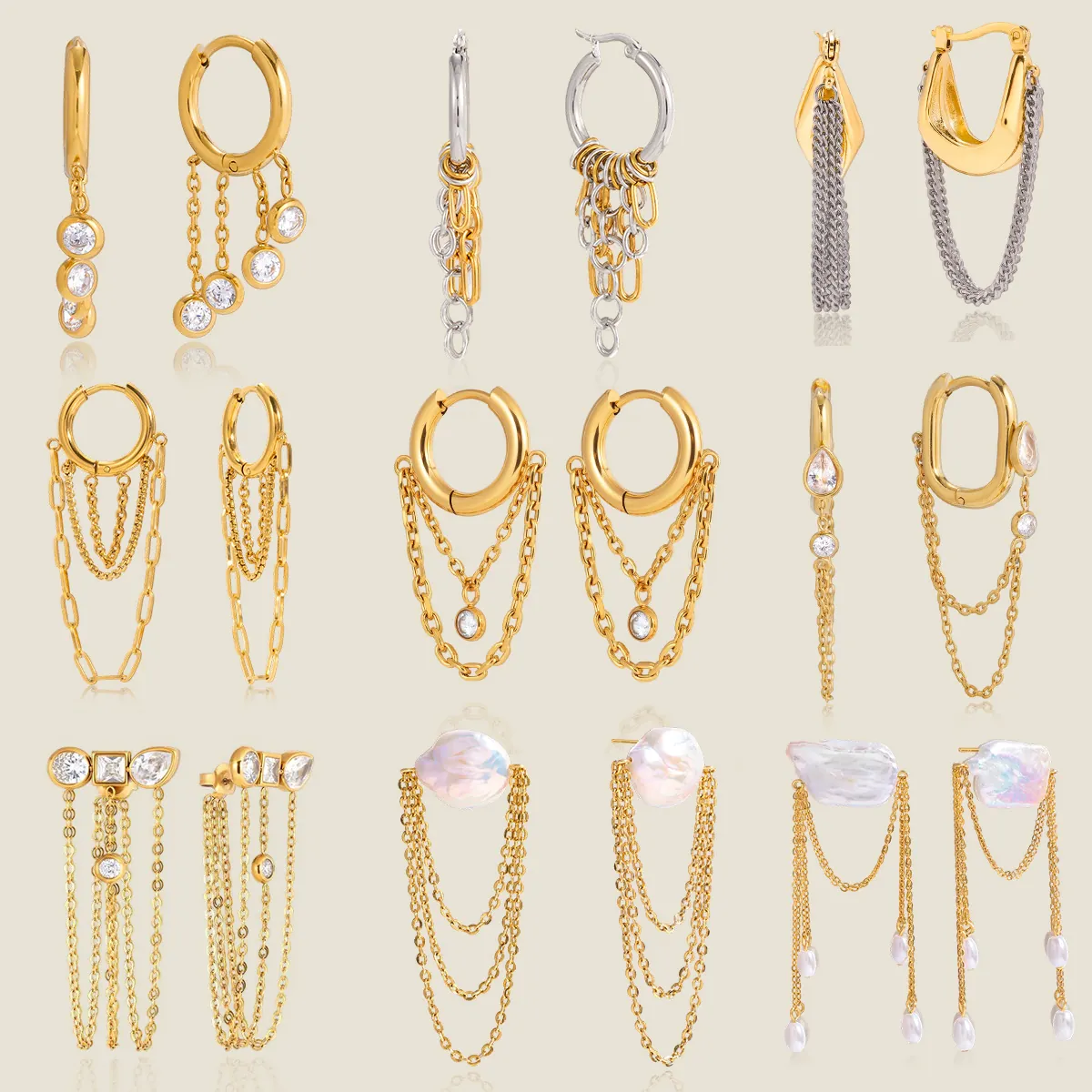 Orecchini a Cerchio con Nappa di Perle Barocche Artificiali in Acciaio Inossidabile Placcato Oro 18K Gioielli Strass