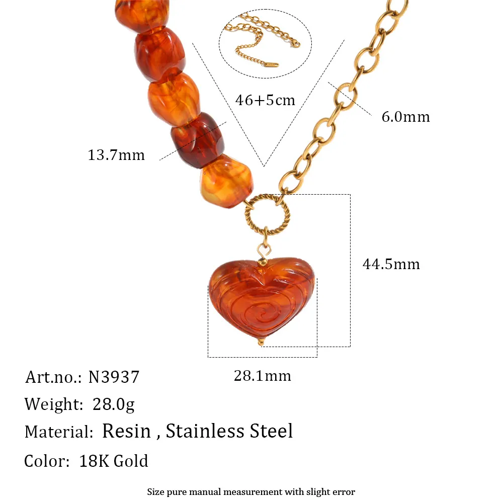Vintage Bernstein Acryl Spirale Herz Schmuck Achtzehn K Vergoldet Edelstahl Anhänger Halskette Und Ohrhänger Für Damen