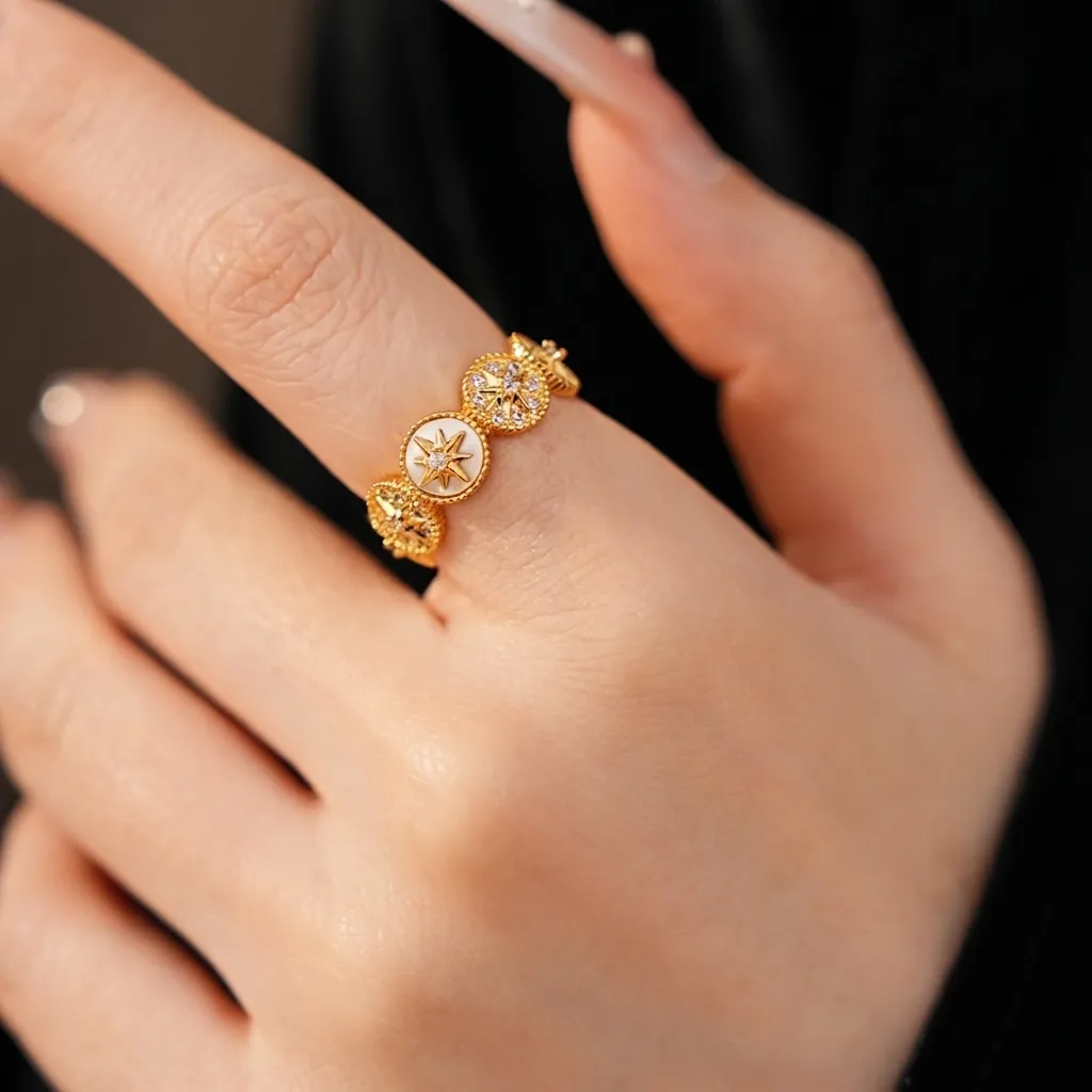 Anillo Abierto Estrellado Ovalado de Circonia Chapado en Oro de Dieciocho Quilates Vintage Francés Artístico Ajustable de Cobre para Mujer Joyería de Dedo Elegante