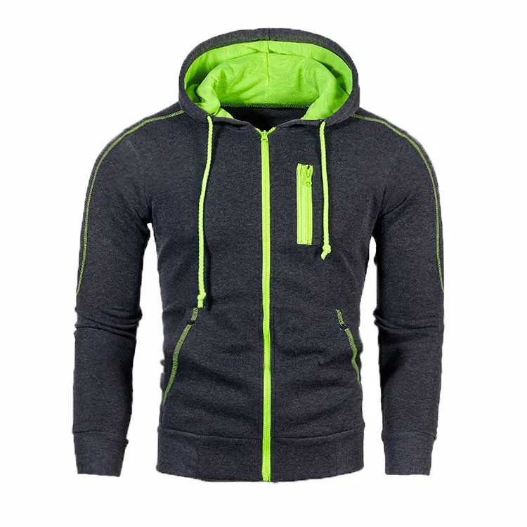 Men's Casual Zip Up Hooded Sweatshirt Cotton Blend Contrast Color Full Zip Hoodie With Multi Pockets For Workout Daily Wear
