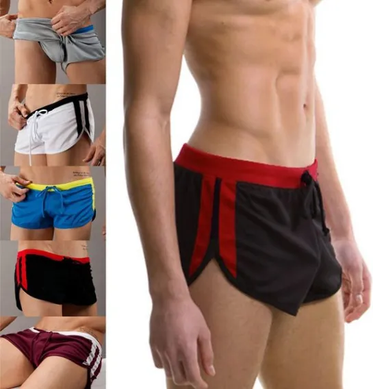 Men Athletic Quick Dry Shorts Low Waist Drawstring Side Slit Contrast Stripes Sporty Gym Running Training Bottoms For Men
