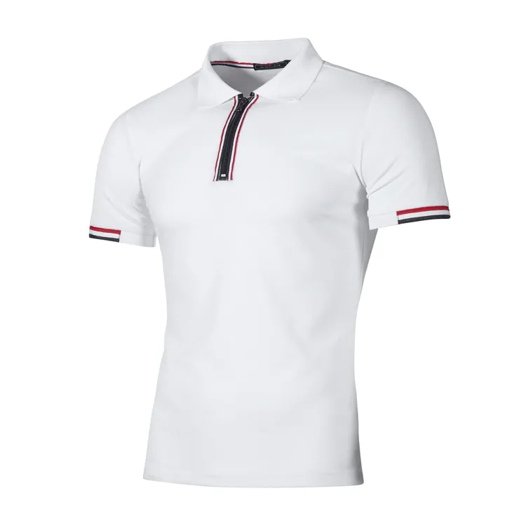 Men's Casual Slim Fit Short Sleeve Polo Shirt Zipper Placket Stripe Trim Cotton Blend Business Casual Sporty Fashion Top