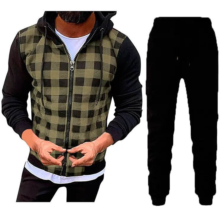 Survêtement Décontracté à Carreaux pour Hommes avec Capuche et Fermeture Éclair Manches Longues Polyester Patchwork Hoodie Et Pantalon Top And Bottom