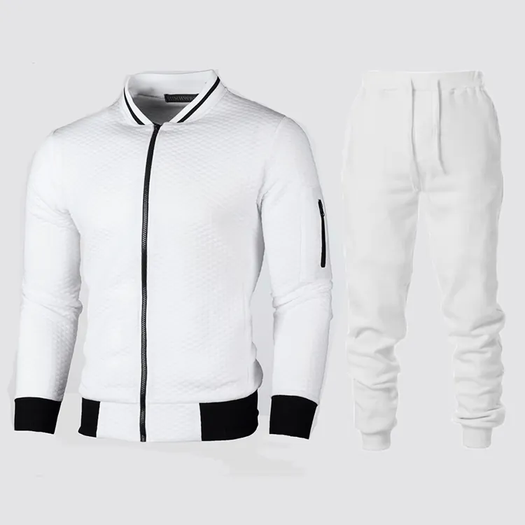 Survêtement Homme à Col Montant et Fermeture Éclair Texture Losange Sportif Décontracté Veste Et Pantalon Vêtements de Sport