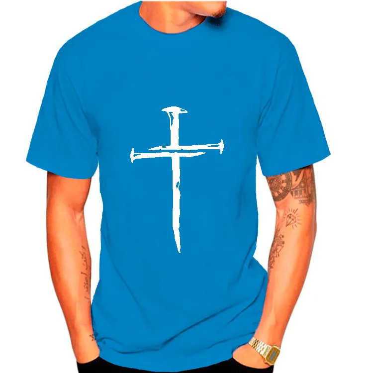 Men Trendy Fashion Short Sleeve T-Shirt Nail Cross Graphic Printed Round Neck Polyester Cotton Blend Casual Summer Tee