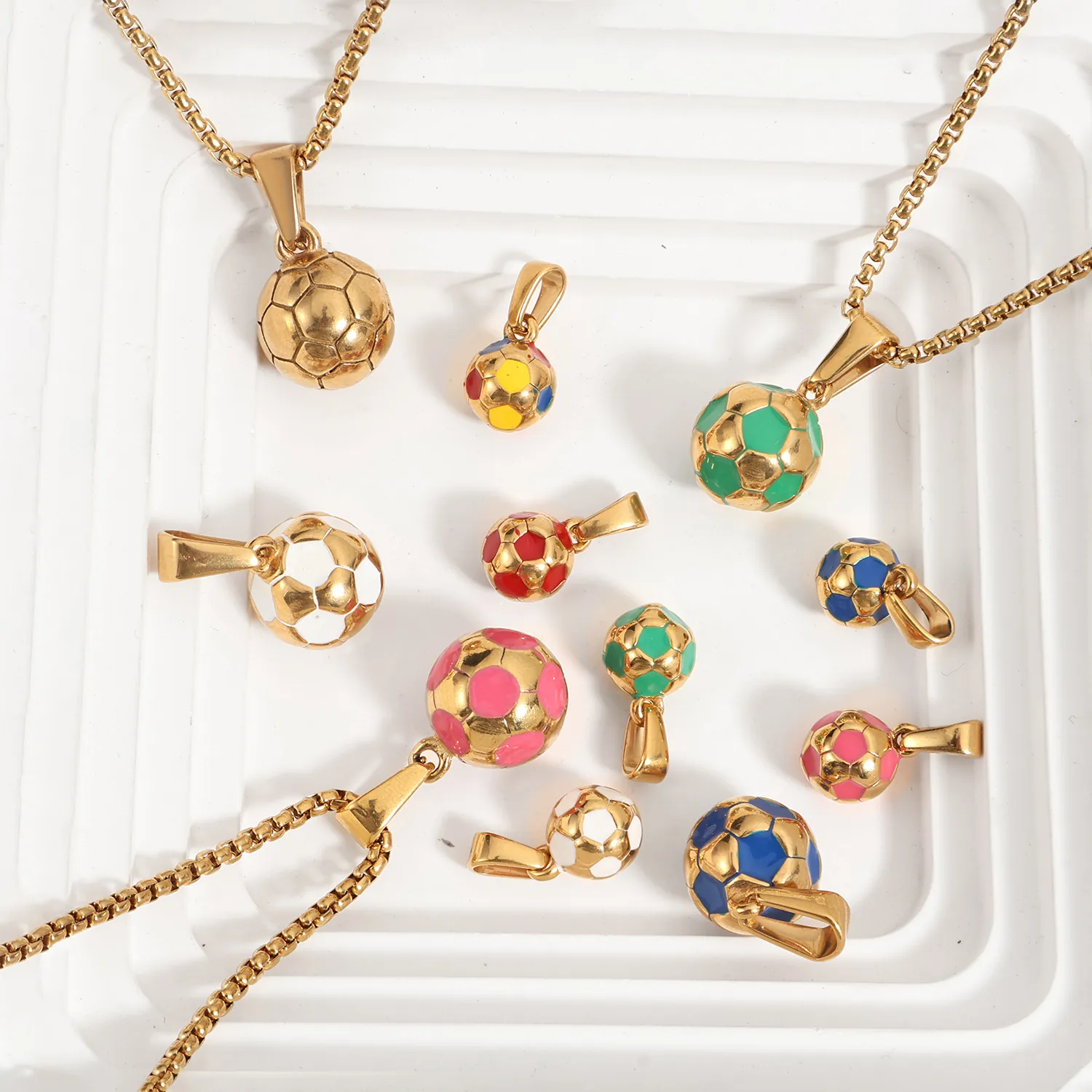 Stainless Steel Soccer Pendant Necklace For Women 18K Gold Plated Colorful Enamel Sports Style Football Charm Jewelry Gift