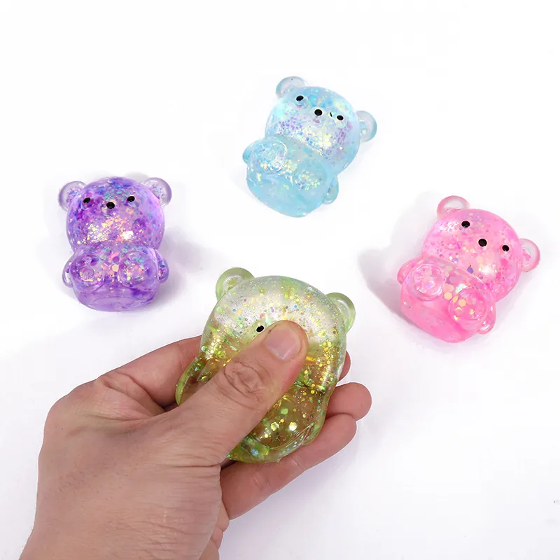 Cartoon Bear Squeeze Toy Stress Relief Transparent TPR Glitter Decompression Toy For Kids Adults Office Desk Decor