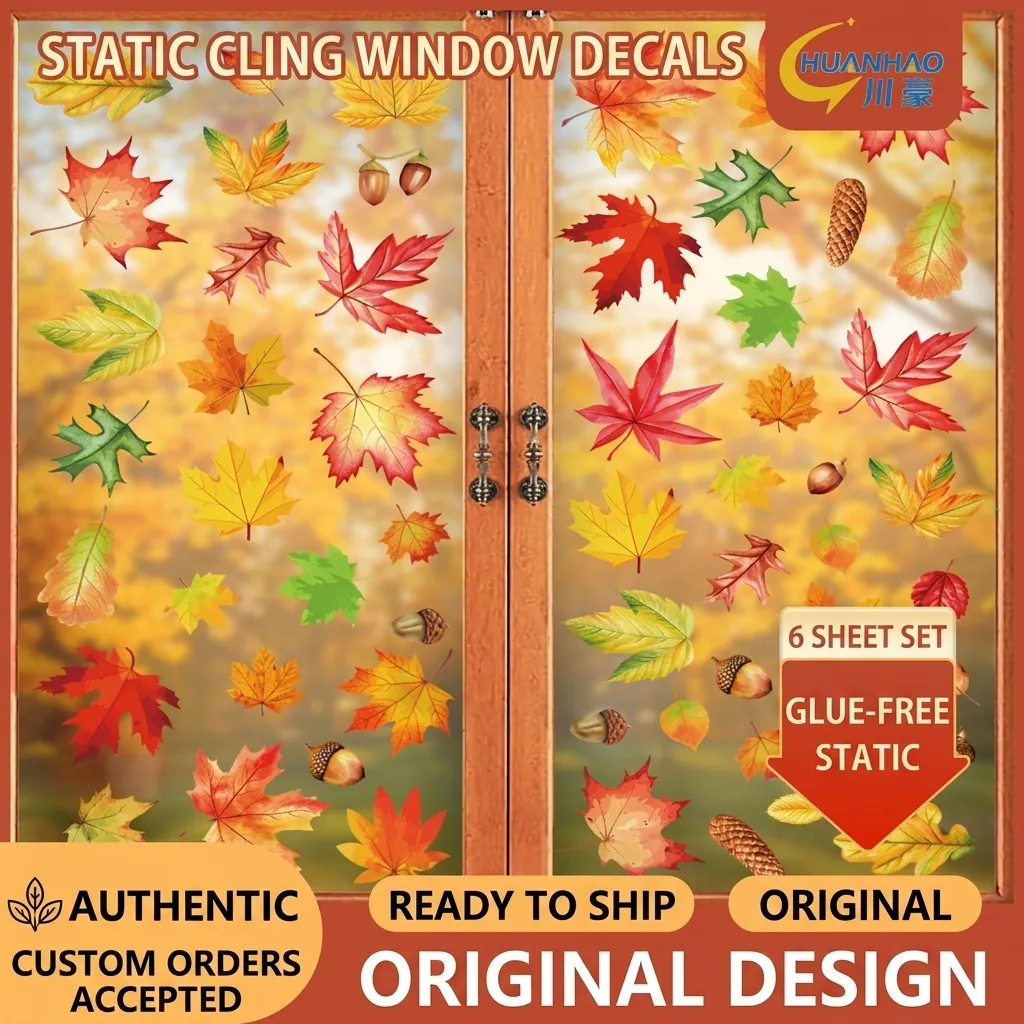 Thanksgiving Window Clings Autumn Maple Leaf Pumpkin Gnome Static Stickers Double Sided Home Decor Removable Harvest