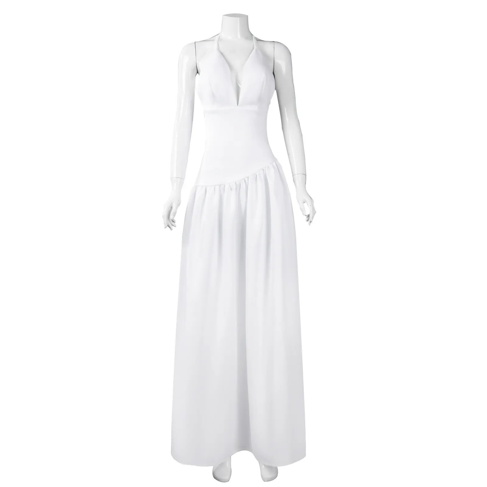Women White Halter V-Neck Backless Pleated Maxi Dress Elegant Sleeveless Floor Length Evening Gown For Movie Character Cosplay Party
