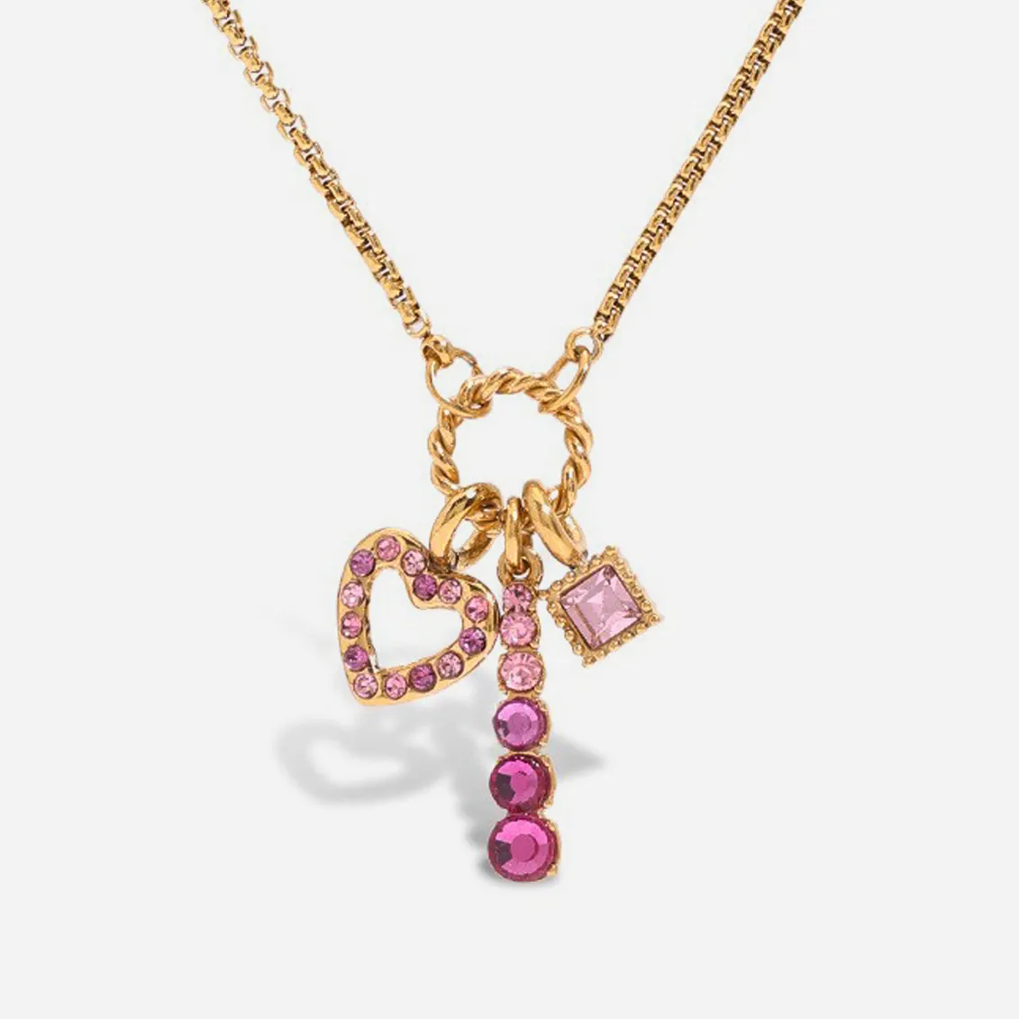 18K Gold Plated Stainless Steel Pendant Necklace Pink Cubic Zirconia Hollow Heart Square Charm Jewelry For Women
