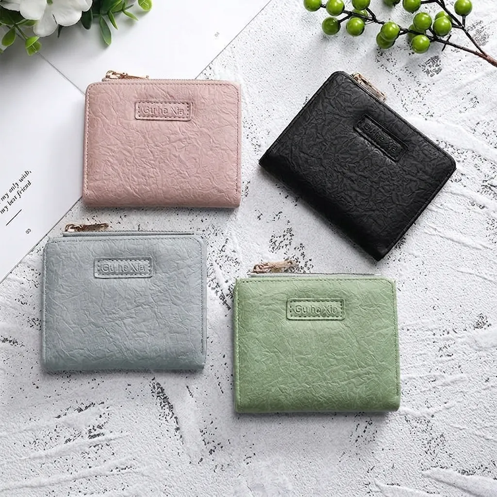 Women Short Bifold Wallet PU Leather Wrinkled Texture Snap Closure Zipper Coin Pocket Multi-Card Slots Retro Simple Style